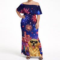 Golden Retriever My Dog Is A Democrat Off Shoulder Maxi Dress Patriotic Statue Of Liberty Fireworks