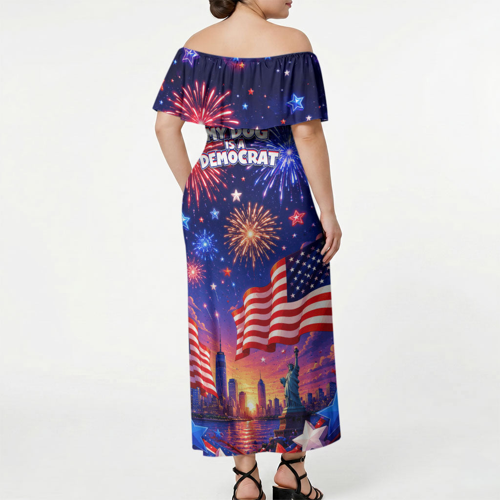 Golden Retriever My Dog Is A Democrat Off Shoulder Maxi Dress Patriotic Statue Of Liberty Fireworks