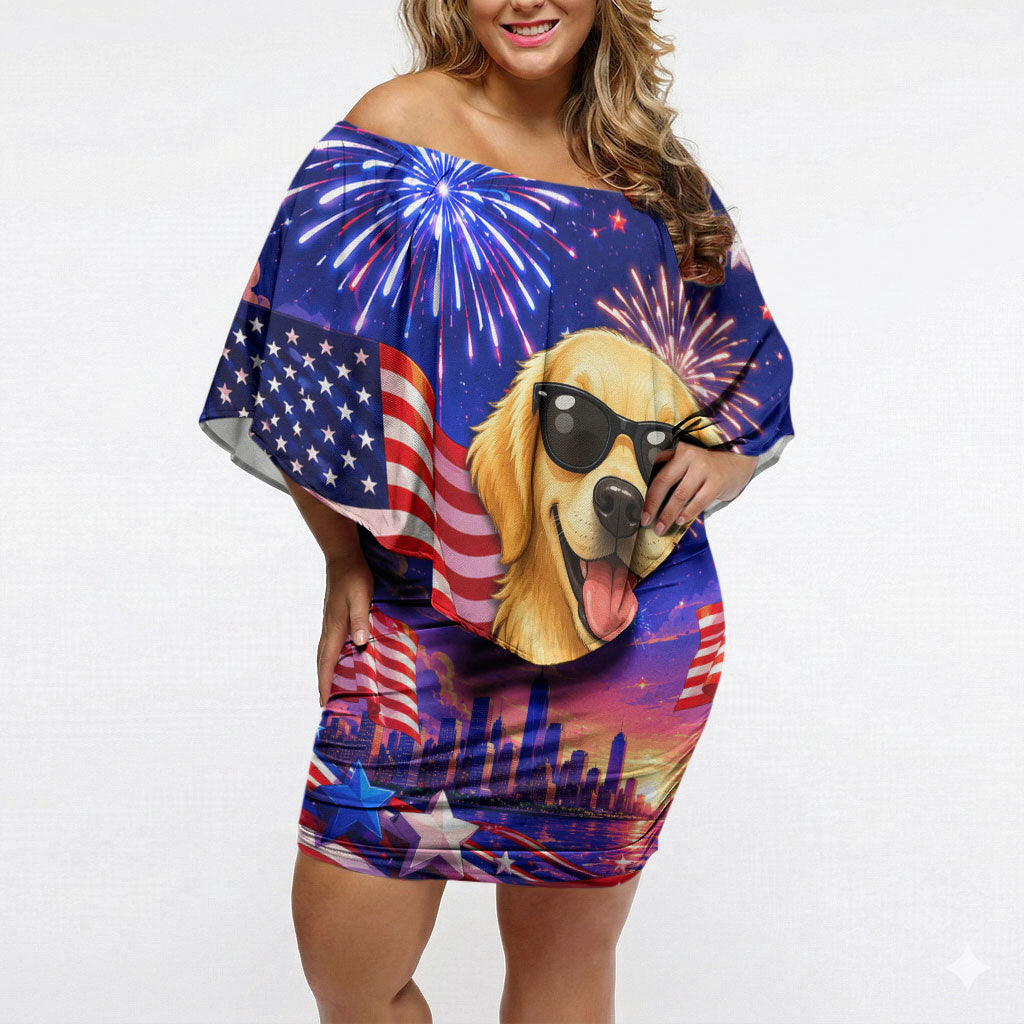 Golden Retriever My Dog Is A Democrat Off Shoulder Short Dress Patriotic Statue Of Liberty Fireworks