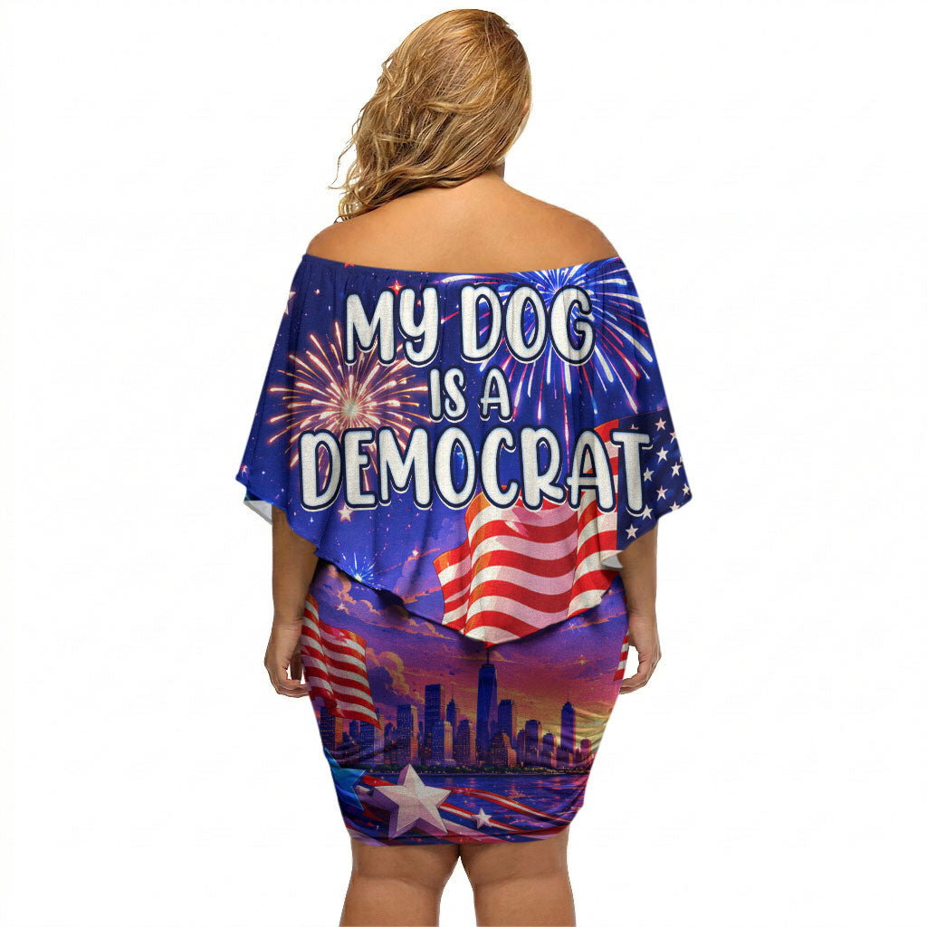 Golden Retriever My Dog Is A Democrat Off Shoulder Short Dress Patriotic Statue Of Liberty Fireworks