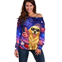 Golden Retriever My Dog Is A Democrat Off Shoulder Sweater Patriotic Statue Of Liberty Fireworks