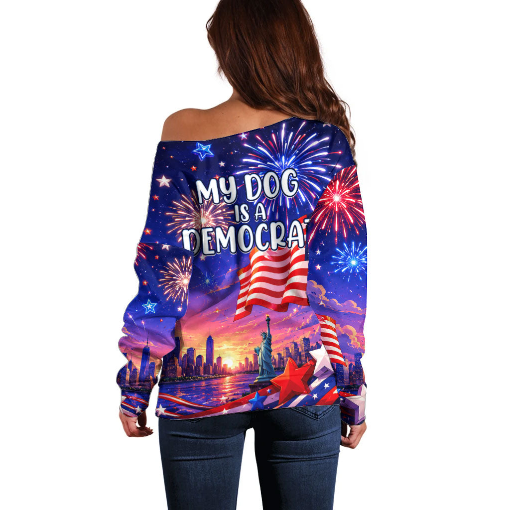 Golden Retriever My Dog Is A Democrat Off Shoulder Sweater Patriotic Statue Of Liberty Fireworks