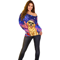 Golden Retriever My Dog Is A Democrat Off Shoulder Sweater Patriotic Statue Of Liberty Fireworks