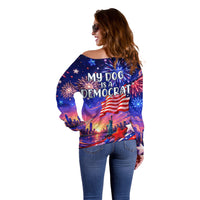 Golden Retriever My Dog Is A Democrat Off Shoulder Sweater Patriotic Statue Of Liberty Fireworks