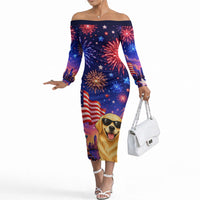Golden Retriever My Dog Is A Democrat Off The Shoulder Long Sleeve Dress Patriotic Statue Of Liberty Fireworks