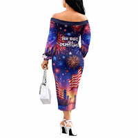 Golden Retriever My Dog Is A Democrat Off The Shoulder Long Sleeve Dress Patriotic Statue Of Liberty Fireworks