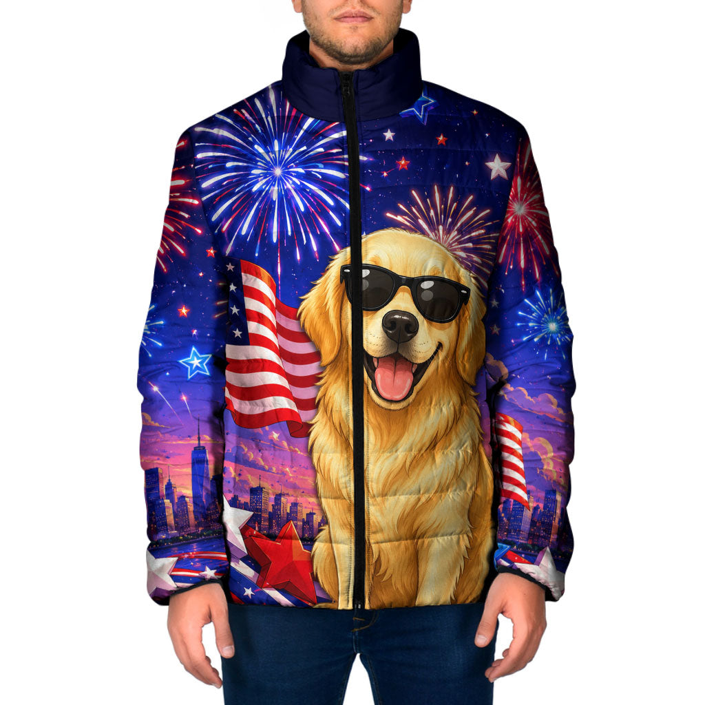Golden Retriever My Dog Is A Democrat Padded Jacket Patriotic Statue Of Liberty Fireworks
