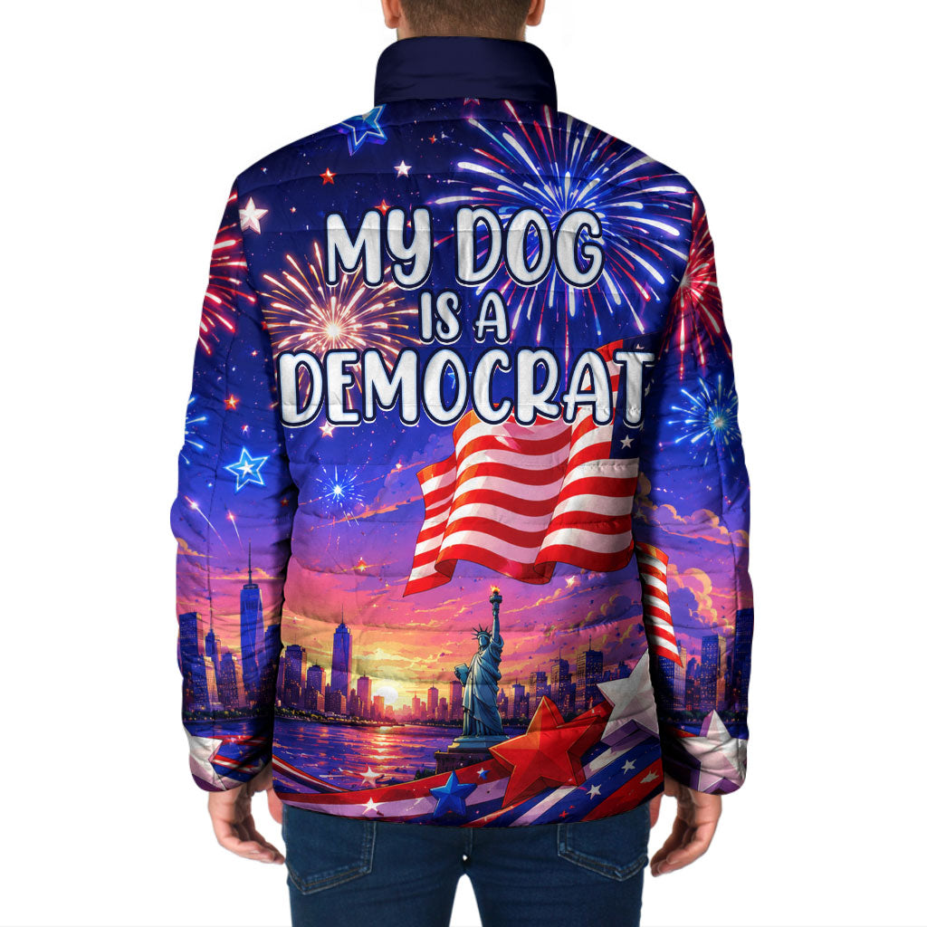 Golden Retriever My Dog Is A Democrat Padded Jacket Patriotic Statue Of Liberty Fireworks