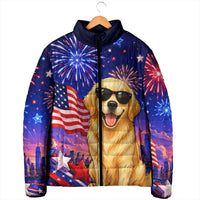 Golden Retriever My Dog Is A Democrat Padded Jacket Patriotic Statue Of Liberty Fireworks