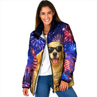 Golden Retriever My Dog Is A Democrat Padded Jacket Patriotic Statue Of Liberty Fireworks