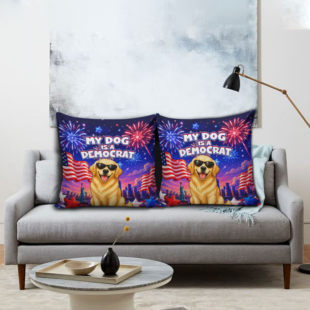 Golden Retriever My Dog Is A Democrat Pillow Cover Patriotic Statue Of Liberty Fireworks