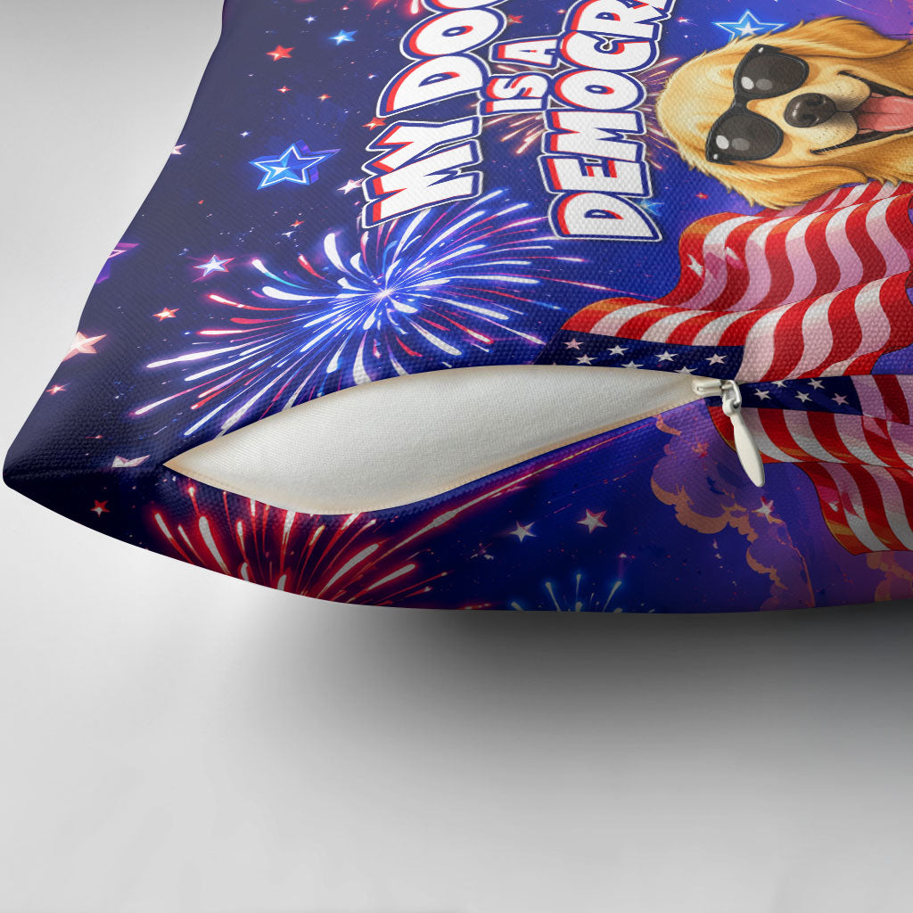 Golden Retriever My Dog Is A Democrat Pillow Cover Patriotic Statue Of Liberty Fireworks