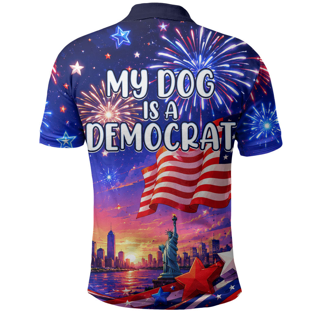 Golden Retriever My Dog Is A Democrat Polo Shirt Patriotic Statue Of Liberty Fireworks