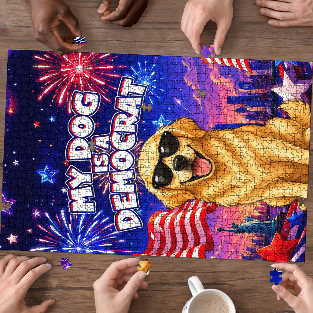 Golden Retriever My Dog Is A Democrat Puzzle Patriotic Statue Of Liberty Fireworks