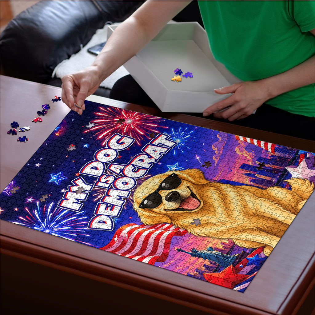 Golden Retriever My Dog Is A Democrat Puzzle Patriotic Statue Of Liberty Fireworks