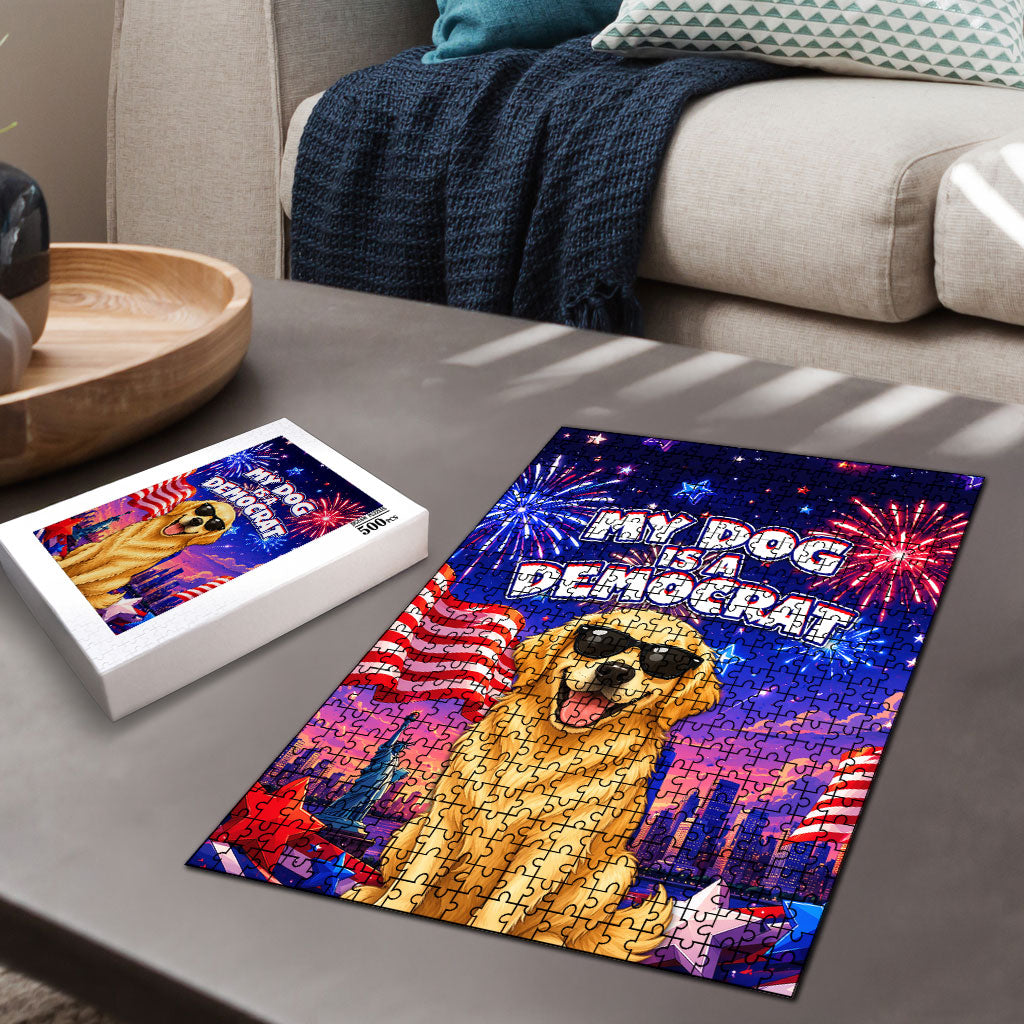Golden Retriever My Dog Is A Democrat Puzzle Patriotic Statue Of Liberty Fireworks