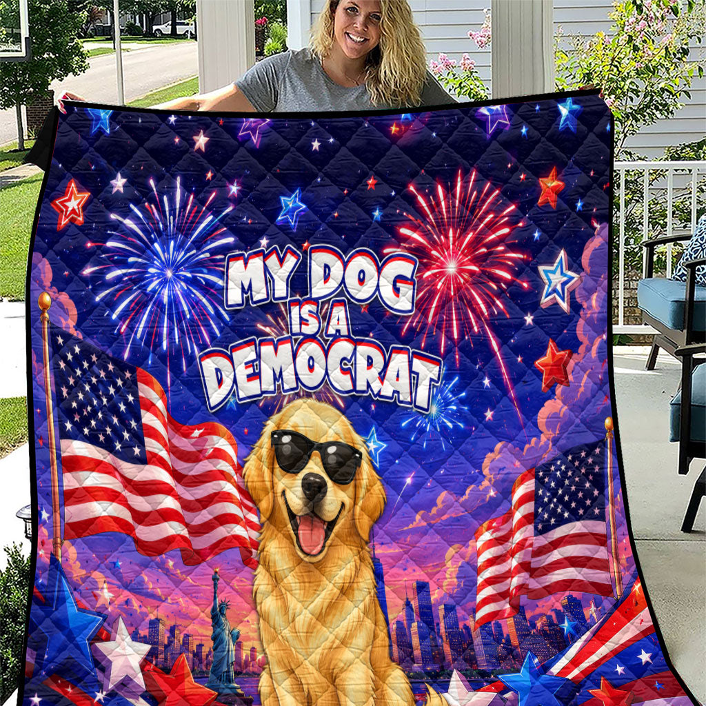 Golden Retriever My Dog Is A Democrat Quilt Patriotic Statue Of Liberty Fireworks