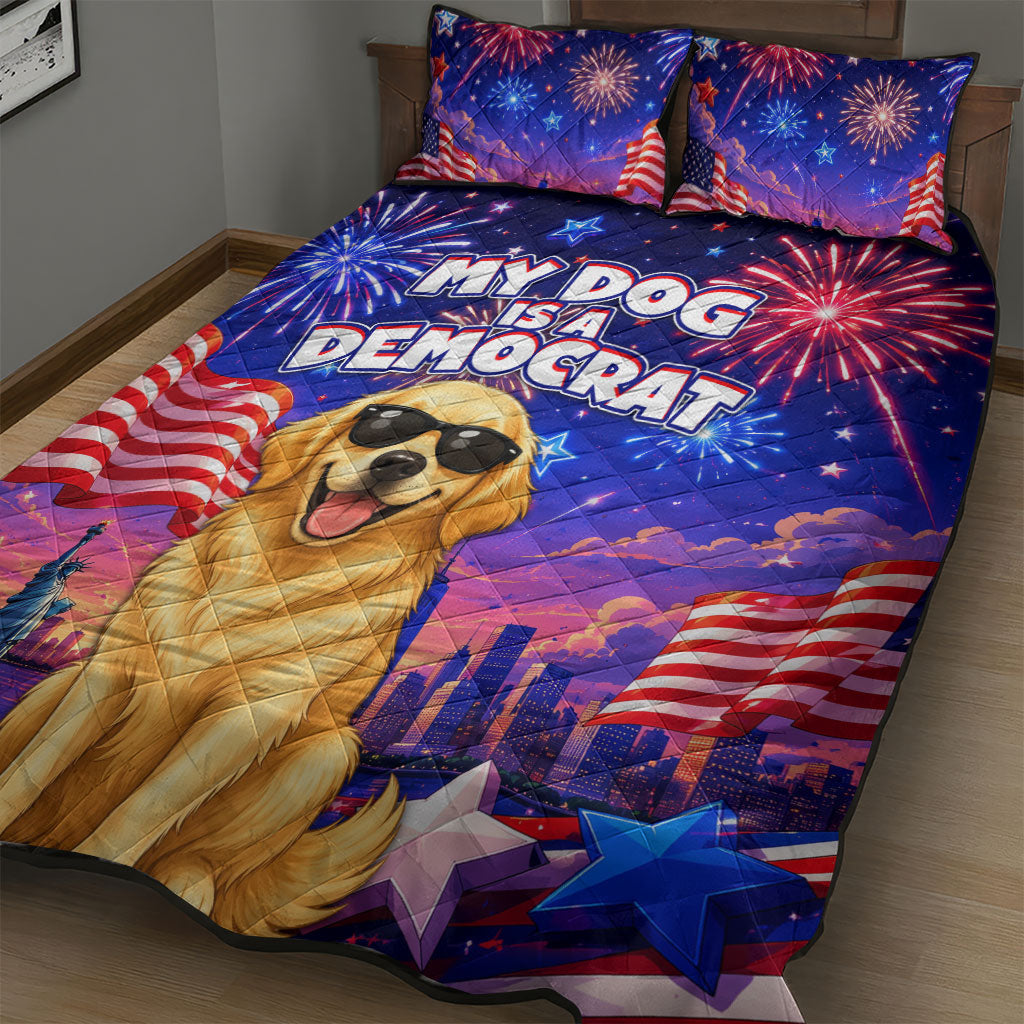 Golden Retriever My Dog Is A Democrat Quilt Bed Set Patriotic Statue Of Liberty Fireworks