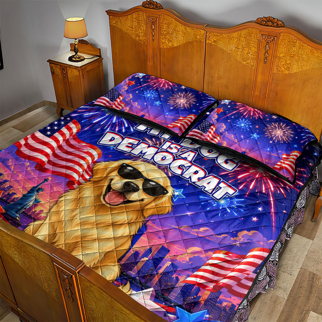 Golden Retriever My Dog Is A Democrat Quilt Bed Set Patriotic Statue Of Liberty Fireworks