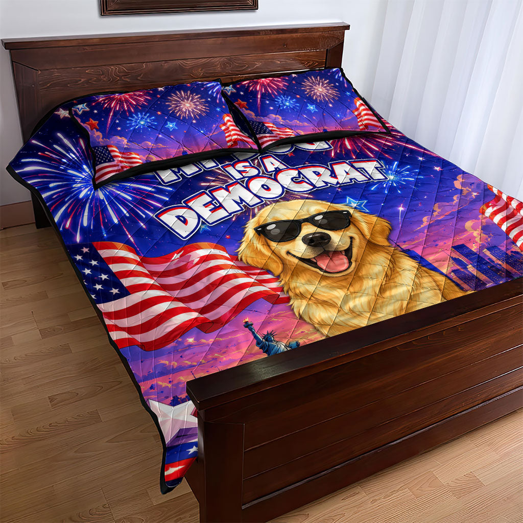 Golden Retriever My Dog Is A Democrat Quilt Bed Set Patriotic Statue Of Liberty Fireworks
