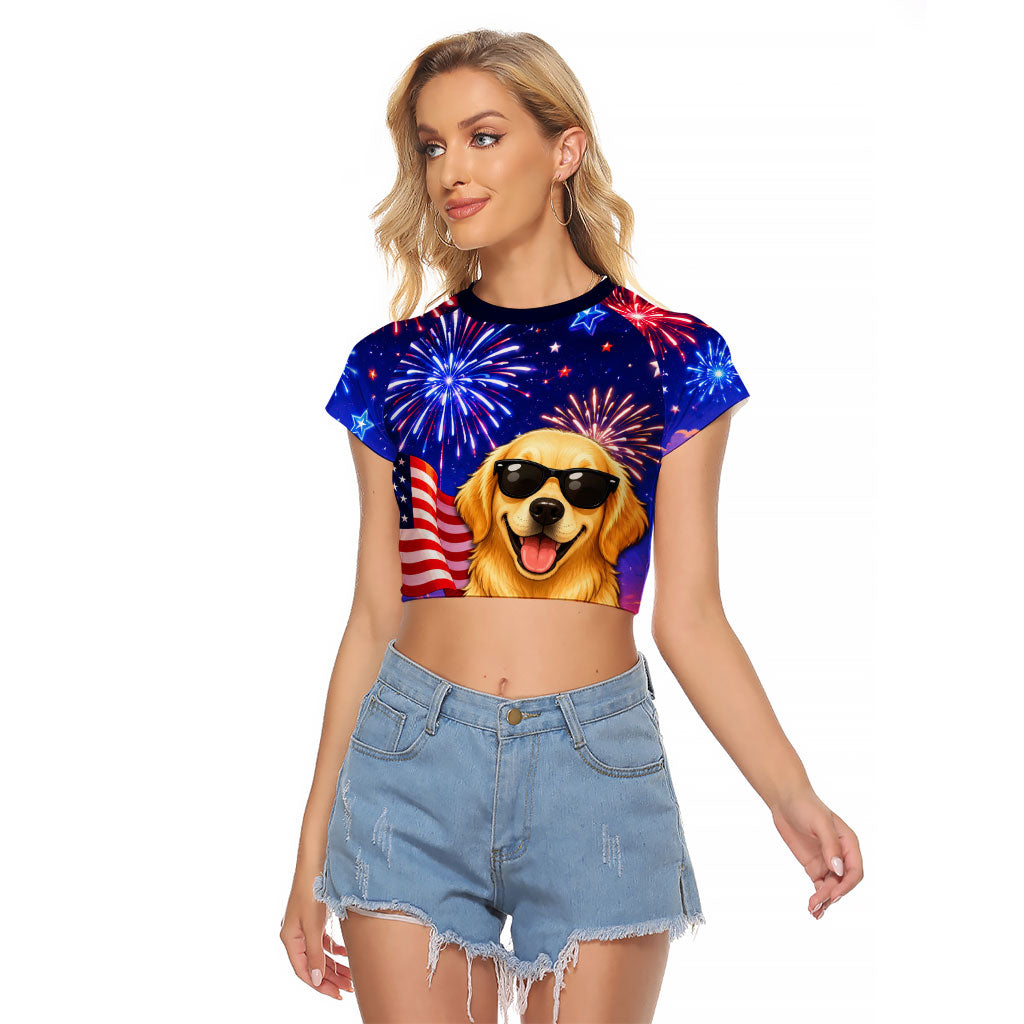 Golden Retriever My Dog Is A Democrat Raglan Cropped T Shirt Patriotic Statue Of Liberty Fireworks