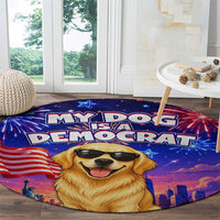 Golden Retriever My Dog Is A Democrat Round Carpet Patriotic Statue Of Liberty Fireworks