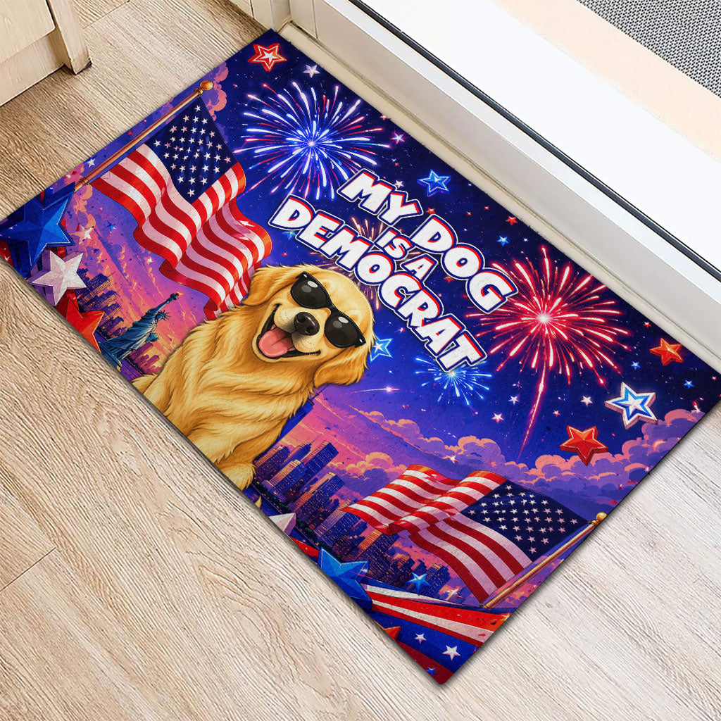Golden Retriever My Dog Is A Democrat Rubber Doormat Patriotic Statue Of Liberty Fireworks