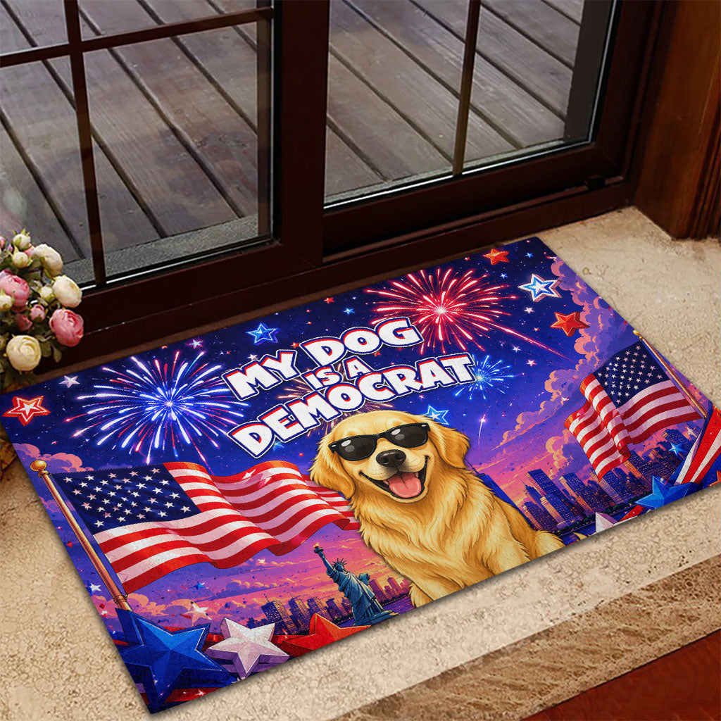 Golden Retriever My Dog Is A Democrat Rubber Doormat Patriotic Statue Of Liberty Fireworks