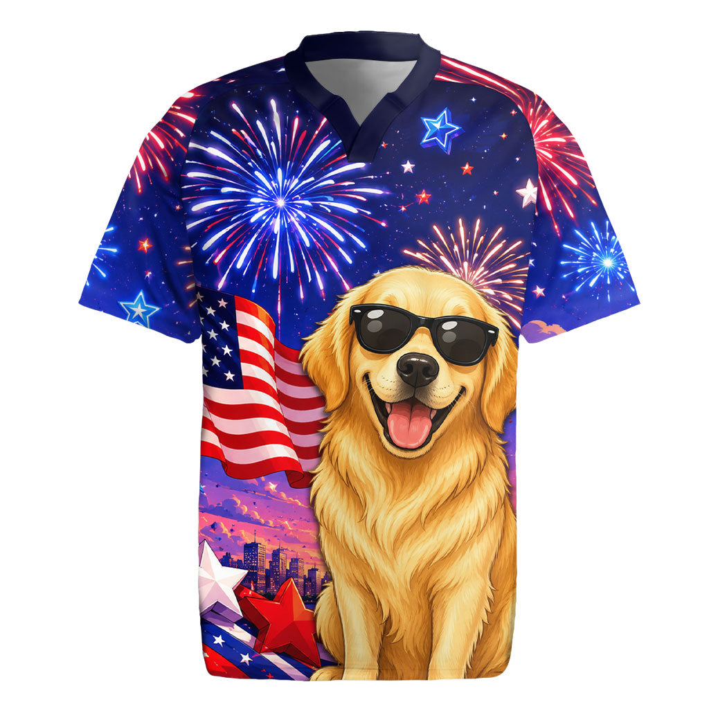 Golden Retriever My Dog Is A Democrat Rugby Jersey Patriotic Statue Of Liberty Fireworks