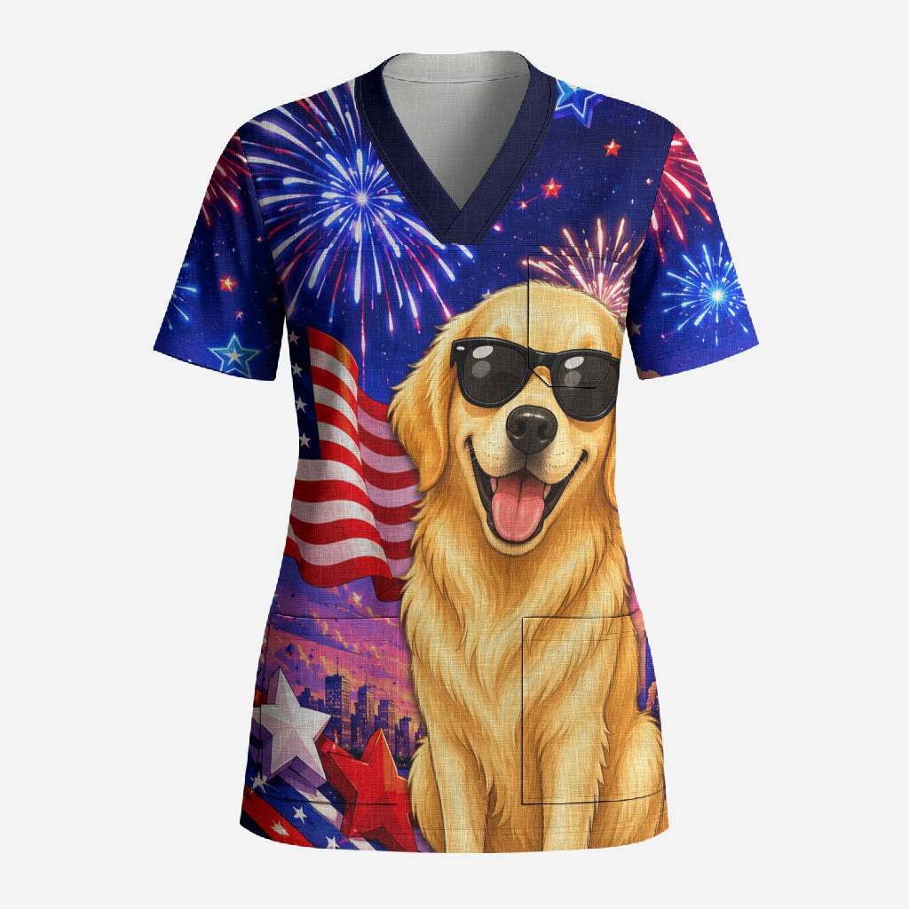 Golden Retriever My Dog Is A Democrat Scrub Top Patriotic Statue Of Liberty Fireworks
