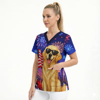 Golden Retriever My Dog Is A Democrat Scrub Top Patriotic Statue Of Liberty Fireworks