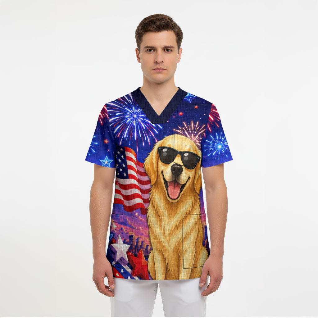Golden Retriever My Dog Is A Democrat Scrub Top Patriotic Statue Of Liberty Fireworks