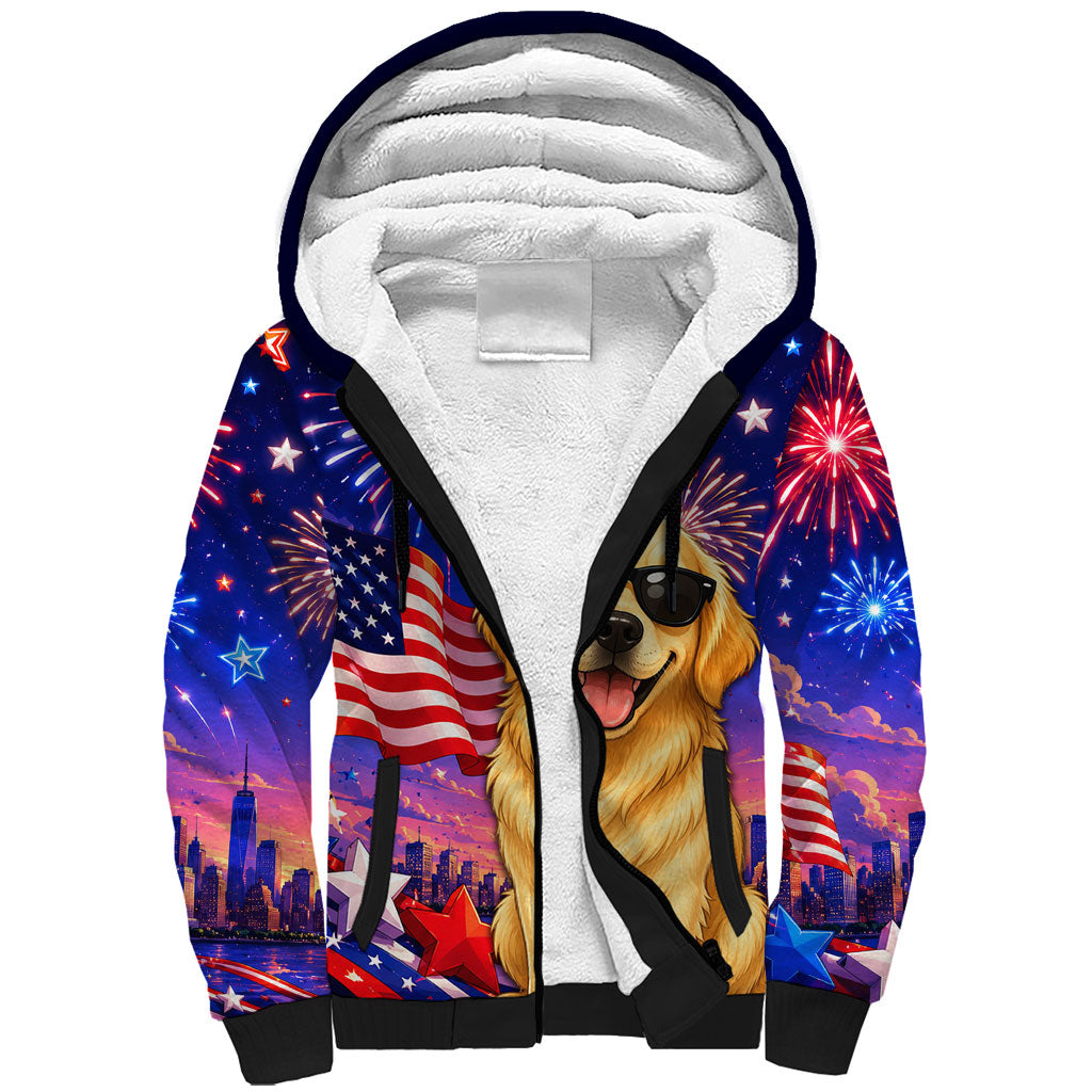 Golden Retriever My Dog Is A Democrat Sherpa Hoodie Patriotic Statue Of Liberty Fireworks