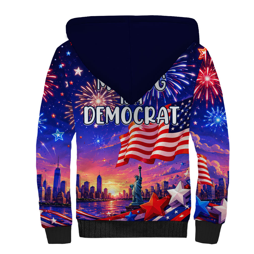 Golden Retriever My Dog Is A Democrat Sherpa Hoodie Patriotic Statue Of Liberty Fireworks