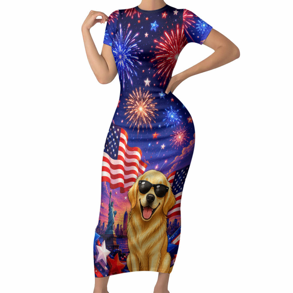 Golden Retriever My Dog Is A Democrat Short Sleeve Bodycon Dress Patriotic Statue Of Liberty Fireworks