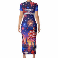 Golden Retriever My Dog Is A Democrat Short Sleeve Bodycon Dress Patriotic Statue Of Liberty Fireworks