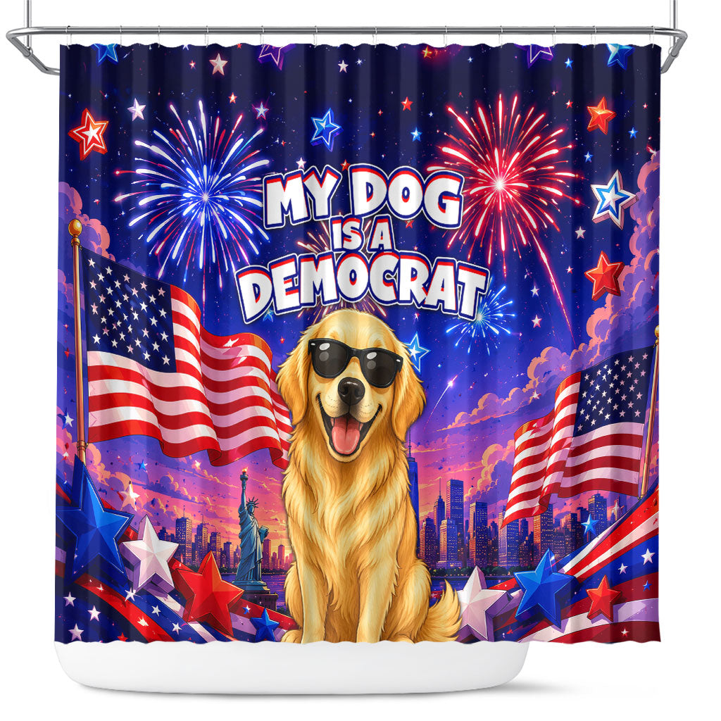Golden Retriever My Dog Is A Democrat Shower Curtain Patriotic Statue Of Liberty Fireworks