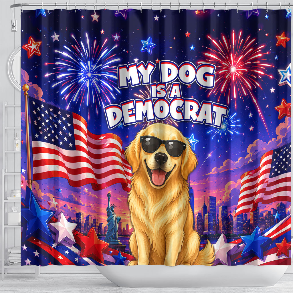 Golden Retriever My Dog Is A Democrat Shower Curtain Patriotic Statue Of Liberty Fireworks
