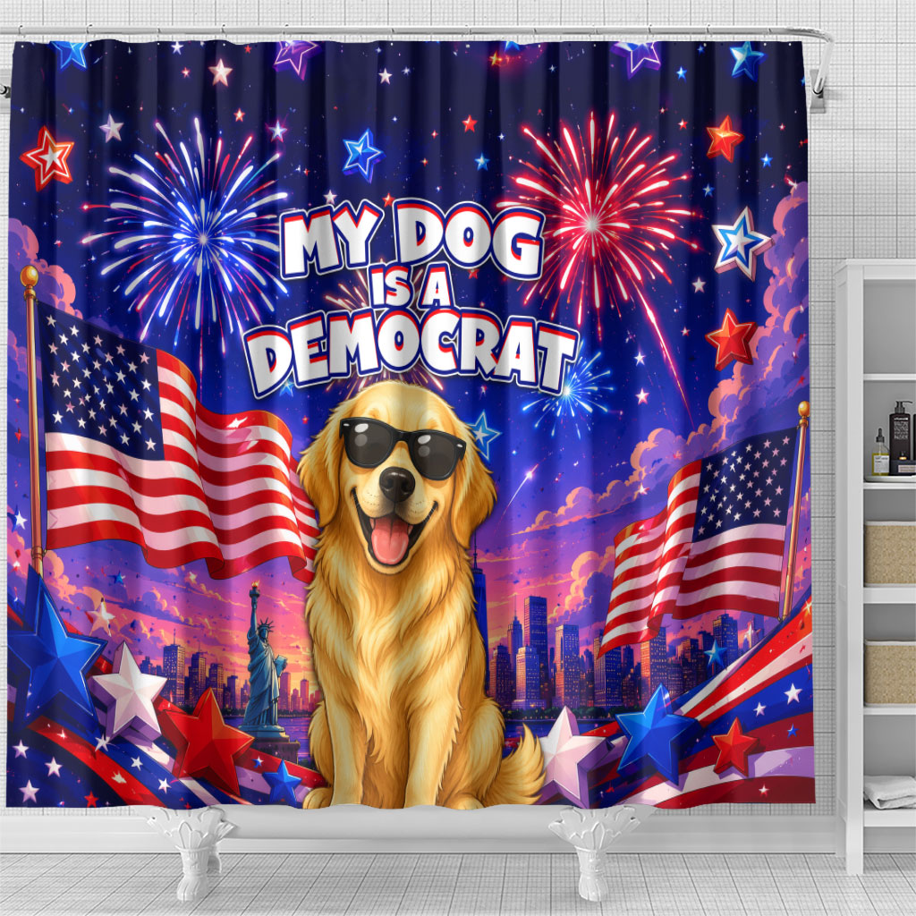 Golden Retriever My Dog Is A Democrat Shower Curtain Patriotic Statue Of Liberty Fireworks