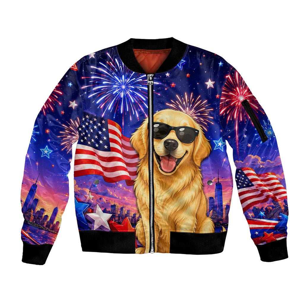 Golden Retriever My Dog Is A Democrat Sleeve Zip Bomber Jacket Patriotic Statue Of Liberty Fireworks