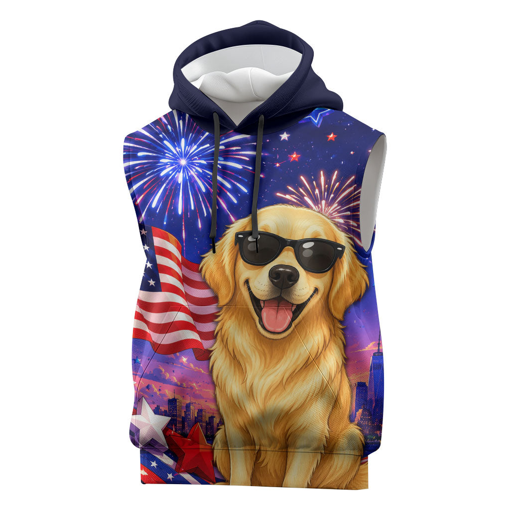 Golden Retriever My Dog Is A Democrat Sleeveless Hoodie Patriotic Statue Of Liberty Fireworks