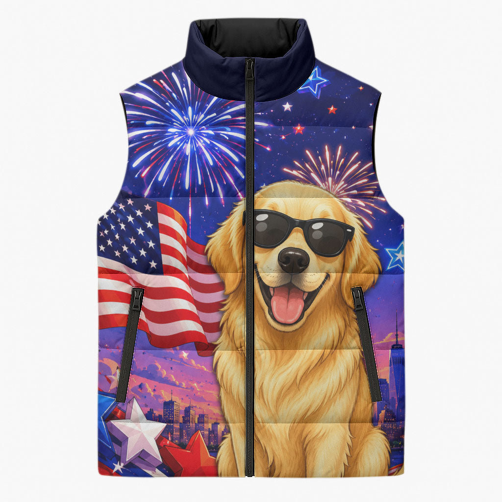 Golden Retriever My Dog Is A Democrat Sleeveless Puffer Jacket Patriotic Statue Of Liberty Fireworks