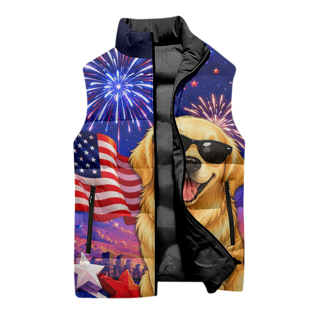 Golden Retriever My Dog Is A Democrat Sleeveless Puffer Jacket Patriotic Statue Of Liberty Fireworks