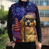 Golden Retriever My Dog Is A Democrat Sleeveless Puffer Jacket Patriotic Statue Of Liberty Fireworks