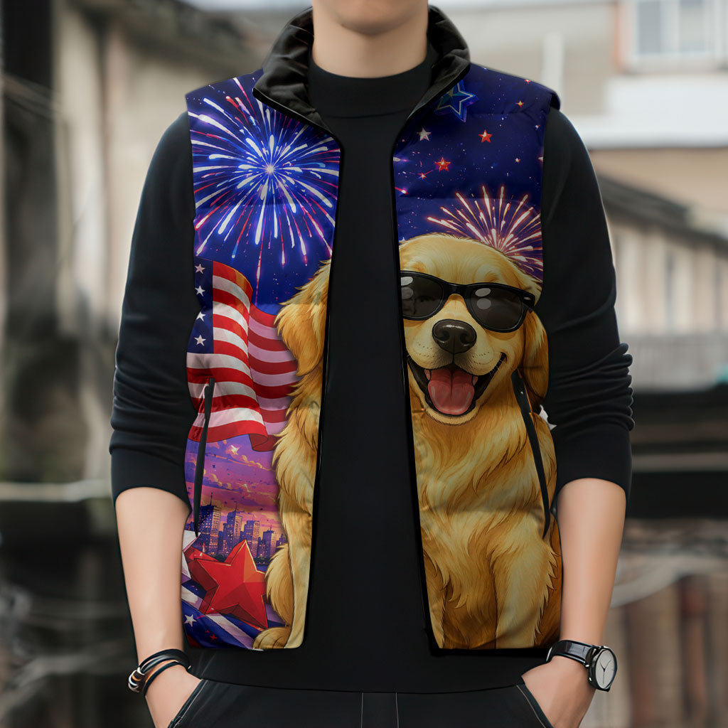 Golden Retriever My Dog Is A Democrat Sleeveless Puffer Jacket Patriotic Statue Of Liberty Fireworks
