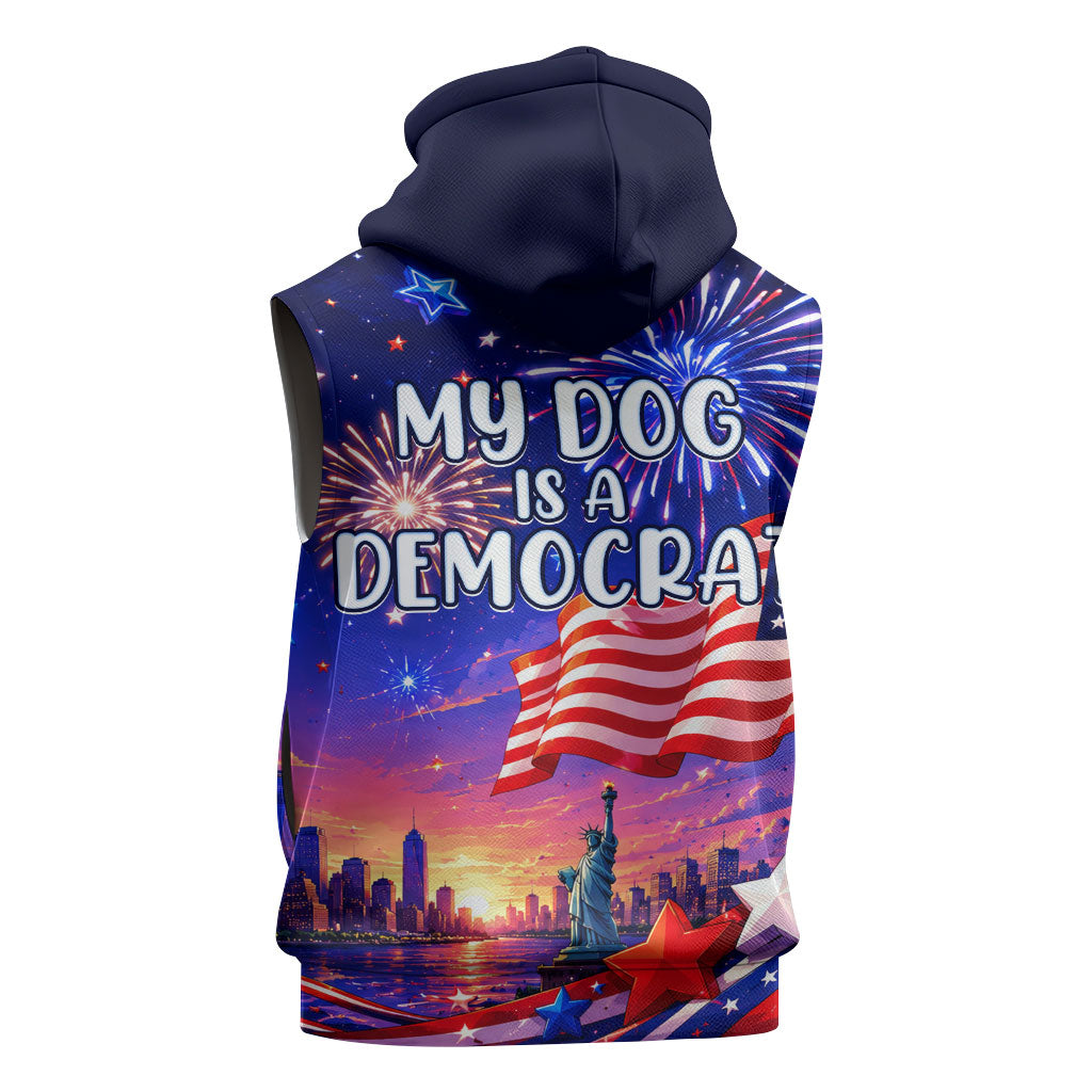 Golden Retriever My Dog Is A Democrat Sleeveless Zip Hoodie Patriotic Statue Of Liberty Fireworks