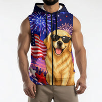Golden Retriever My Dog Is A Democrat Sleeveless Zip Hoodie Patriotic Statue Of Liberty Fireworks