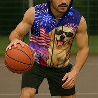 Golden Retriever My Dog Is A Democrat Sleeveless Zip Hoodie Patriotic Statue Of Liberty Fireworks