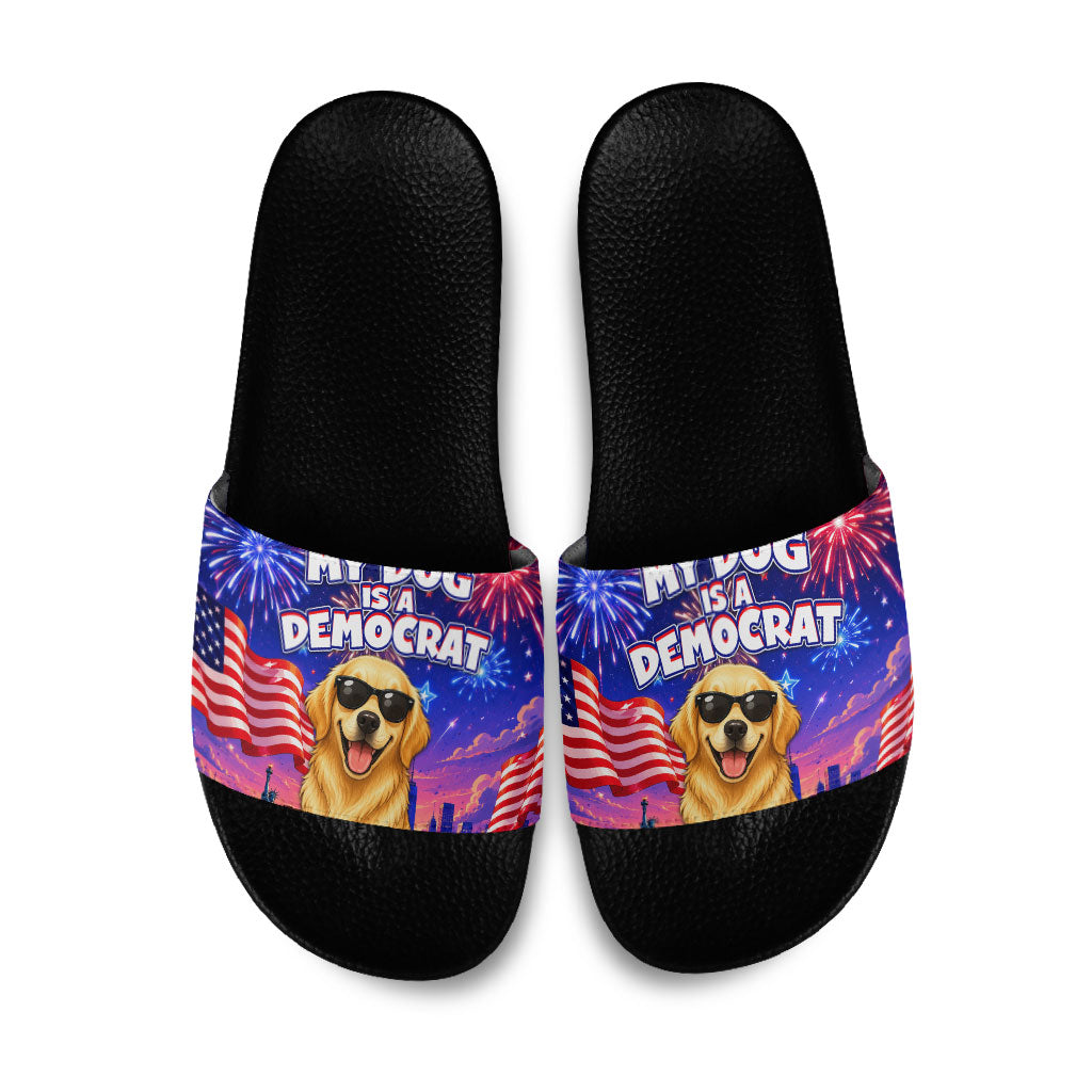 Golden Retriever My Dog Is A Democrat Slide Sandals Patriotic Statue Of Liberty Fireworks