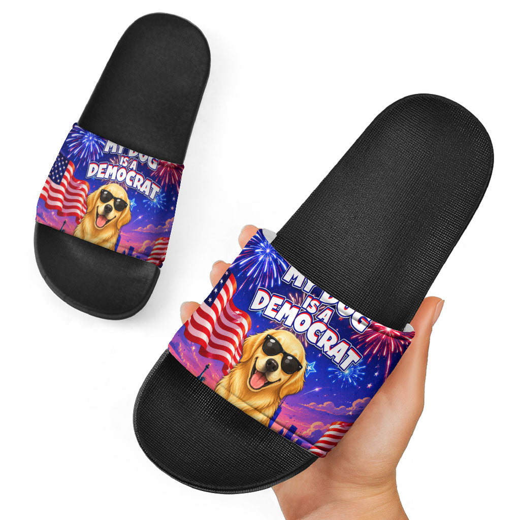 Golden Retriever My Dog Is A Democrat Slide Sandals Patriotic Statue Of Liberty Fireworks